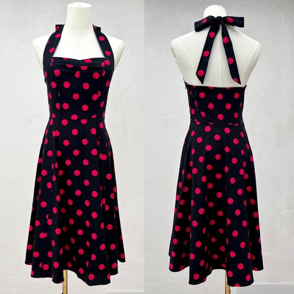 Feldie Black & Hot Pink Polka-Dot 1950s Inspired Halter Skater Style Dress Small - Picture 1 of 15
